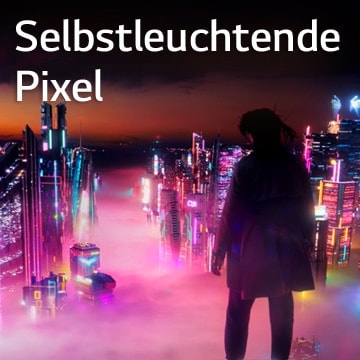 Eine Frau blickt auf eine nächtliche Stadtlandschaft mit bunten Leuchtreklamen hinab.